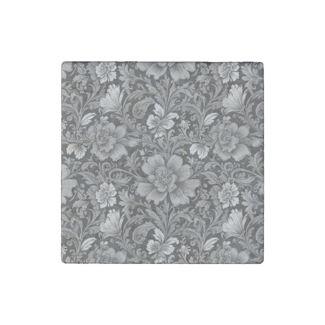 Monochrome Vintage Floral Pattern  Stone Magnet (Front)