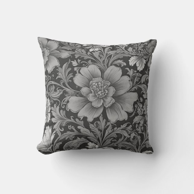 Monochrome Vintage Floral Pattern  Throw Pillow (Front)