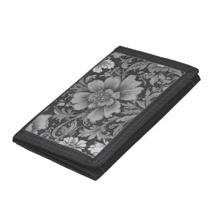 Monochrome Vintage Floral Pattern Tri-fold Wallet