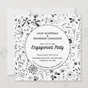 Monochrome Wild Flower Modern Engagement Party Invitation