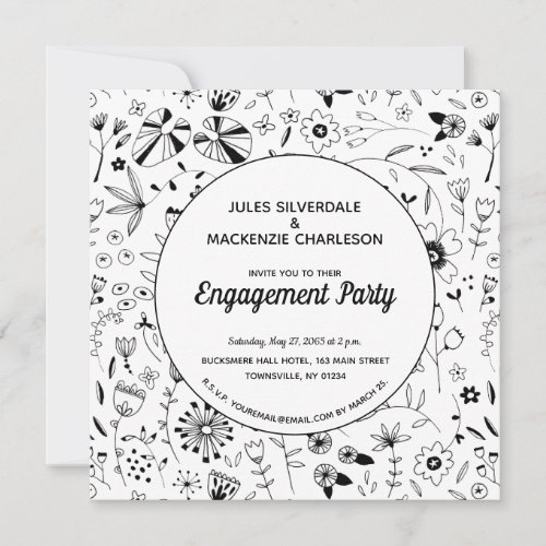 Monochrome Wild Flower Modern Engagement Party Invitation