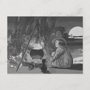 Monochrome Witch Black Cat Cauldron Full Moon Postcard