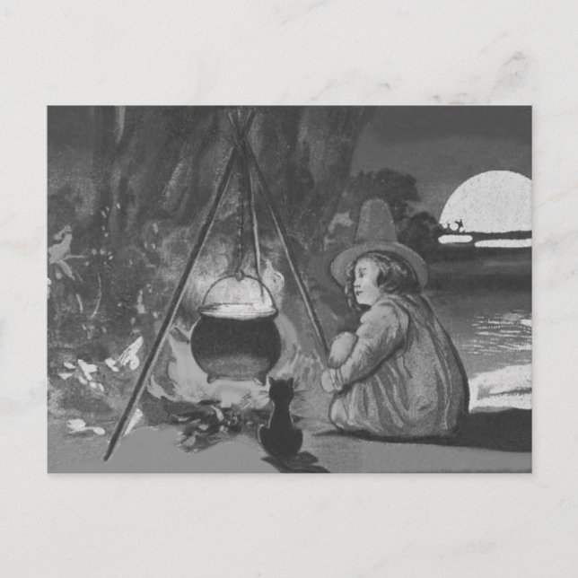 Monochrome Witch Black Cat Cauldron Full Moon Postcard (Front)