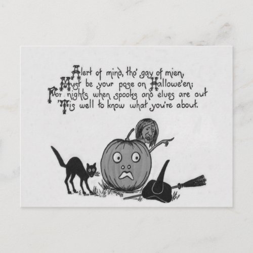 Monochrome Witch Black Cat Jack O Lantern Poem Postcard