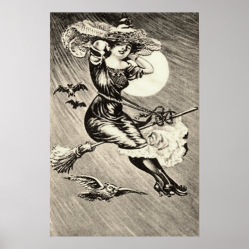 Monochrome Witch Flying Broom Bat Full Moon Poster