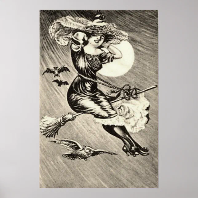 Monochrome Witch Flying Broom Bat Full Moon Poster | Zazzle