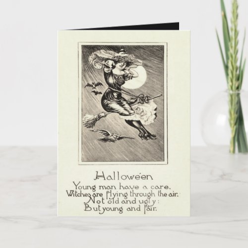 Monochrome Witch Flying Broom Owl Bat Full Moon Card