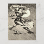 Monochrome Witch Flying Broom Owl Bat Full Moon Postcard