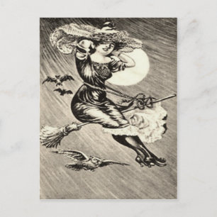 Monochrome Witch Flying Broom Owl Bat Full Moon Postcard