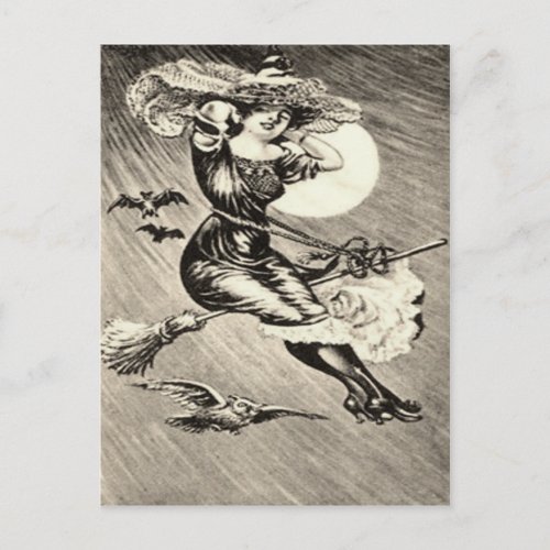 Monochrome Witch Flying Broom Owl Bat Full Moon Postcard