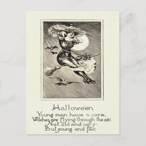 Monochrome Witch Flying Broom Owl Bat Full Moon Postcard