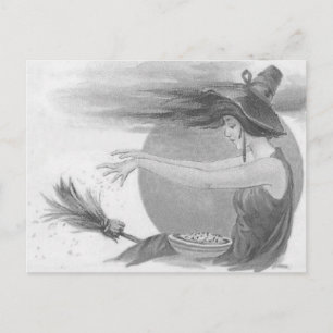 Monochrome Witch Full Moon Broom Magic Spell Postcard