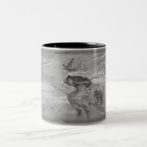 Monochrome Witch on Broom Two_Tone Coffee Mug