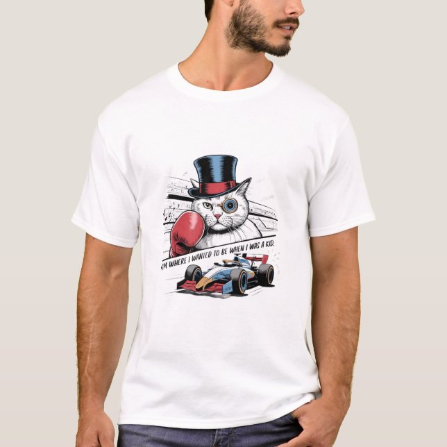 Monocle Cat with Boxing Glove & F1 Race Car Funny  T-Shirt (Front)