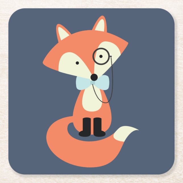 Monocle Hipster Red Fox Square Paper Coaster (Front)