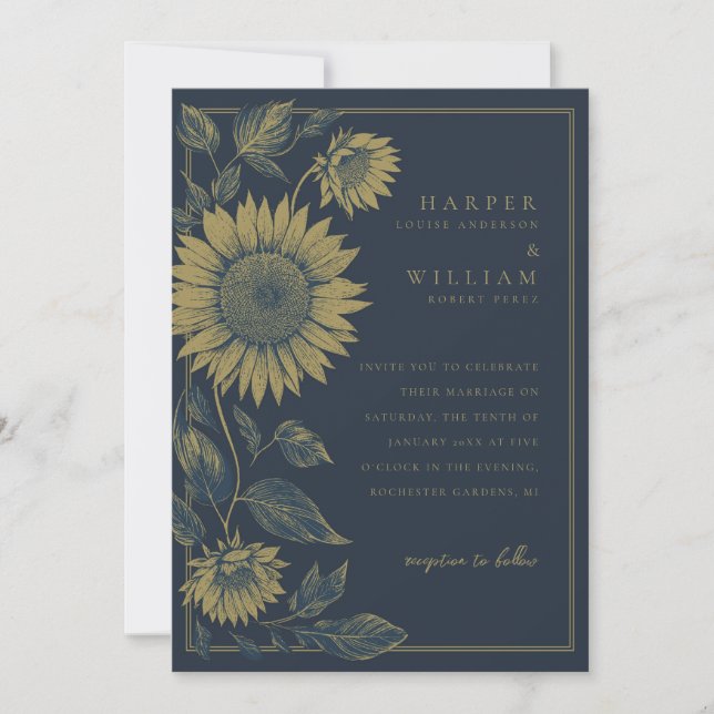 monocrhome Navy and Gold Sunflower wedding Invitation (Front)