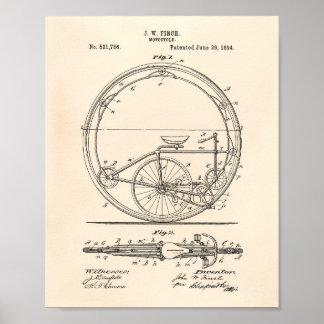 Monocycle 1894 Patent Art Old Peper Poster