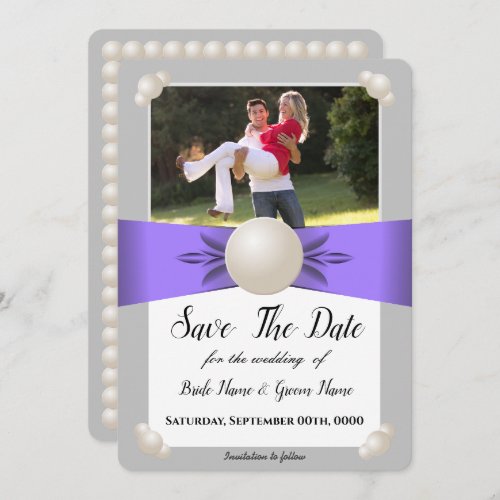 Monogam Lavender Pearl Ribbon Photo Save The Date Invitation