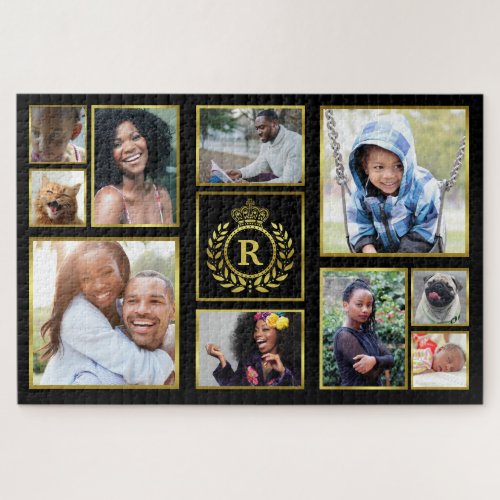 Monogram 10 Photo Collage Royal Crown Gold Laurel Jigsaw Puzzle