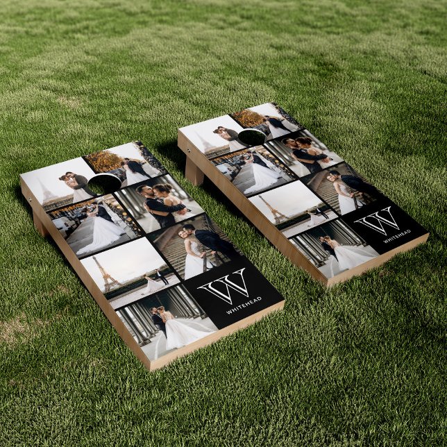 Monogram 14 Photo Collage Black Cornhole Set (Creator Uploaded)