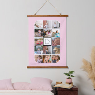 Monogram, 14 photo collage rounded corners pink hanging tapestry