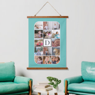 Monogram, 14 photo collage rounded corners teal hanging tapestry