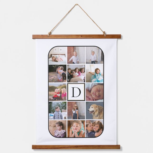 Monogram, 14 photo collage rounded corners white hanging tapestry (Front)