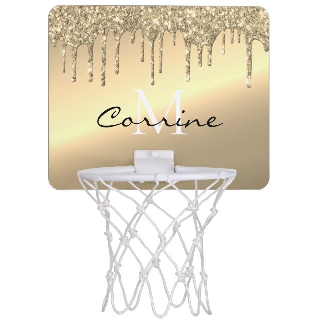 Monogram 14k Brass Gold Metallic Dripping Glitter Mini Basketball Hoop (Front)