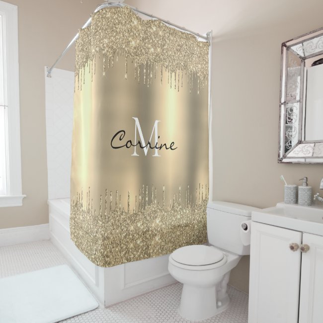 Monogram 14k Gold Dbl Dripping Glitter Metallic Shower Curtain