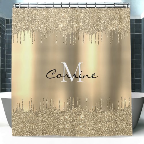 Monogram 14k Gold Dbl Dripping Glitter Metallic Shower Curtain