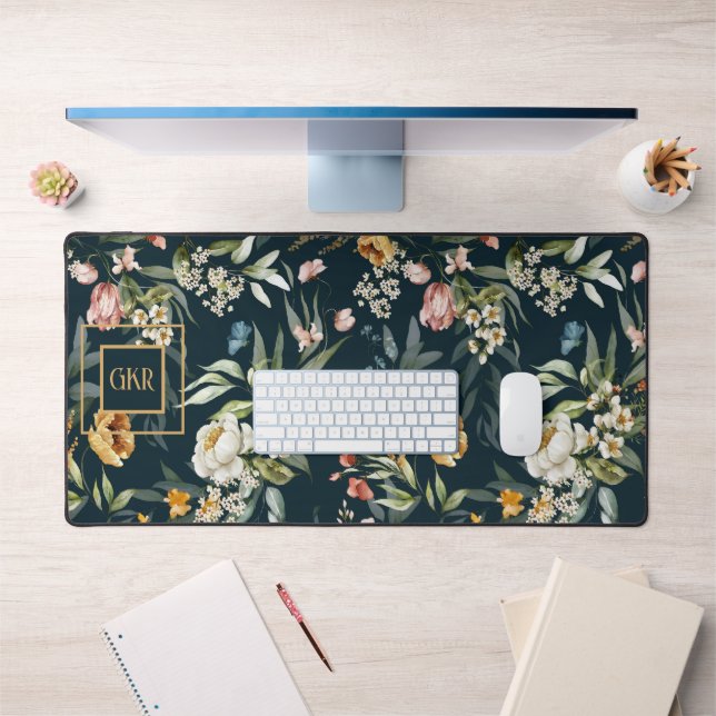Monogram, 1600s Still Life Floral Border Pattern Desk Mat (Office 1)