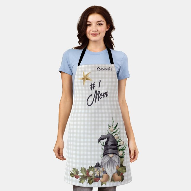Monogram #1 Mom Christmas Watercolor Gnome Apron (Worn)