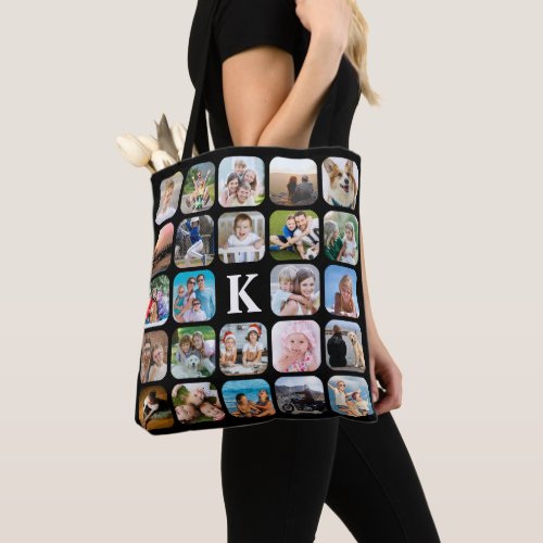 Monogram 24 Rounded Photo Collage Black Tote Bag