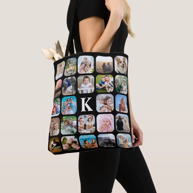 Monogram 24 Rounded Photo Collage Black Tote Bag (Close Up)