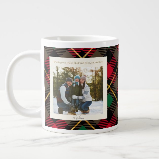 Monogram 2 Photo Rustic Green Red Plaid Christmas Giant Coffee Mug (Left)