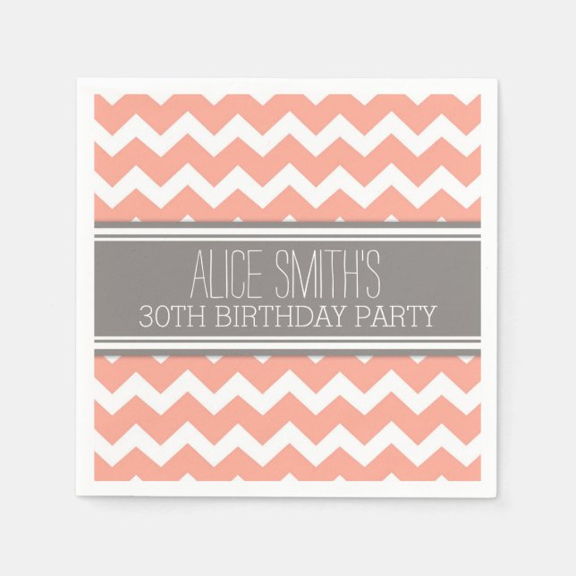 Monogram 30th Birthday Napkin Coral Chevron (Front)