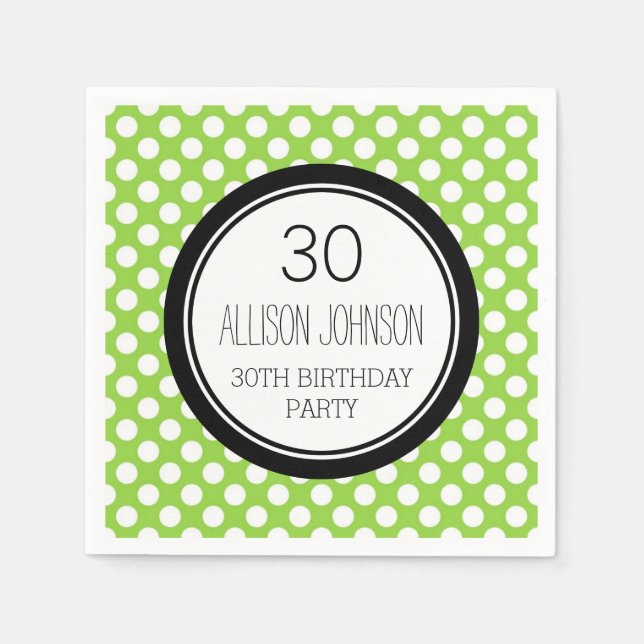 Monogram 30th Birthday Napkin Lime Dots (Front)