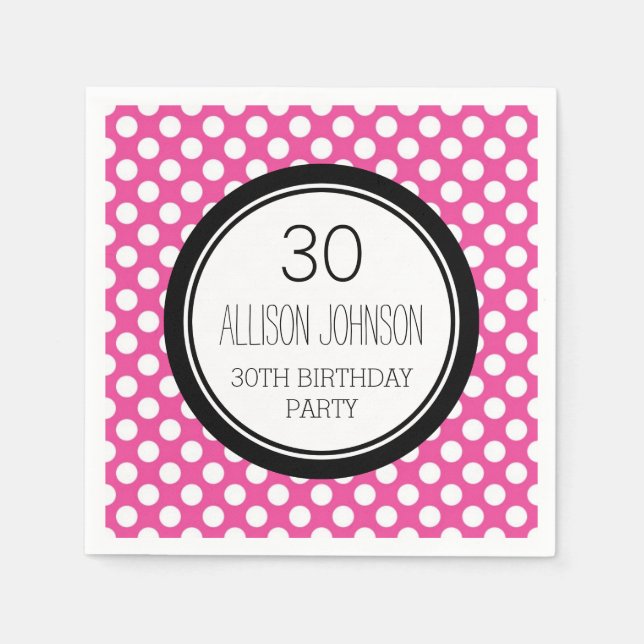 Monogram 30th Birthday Napkin Pink Dots (Front)