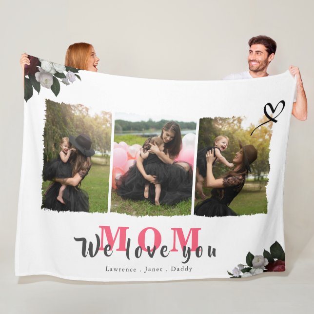 Monogram 3 Photo Collage Mother Family or Wedding Fleece Blanket (In Situ)