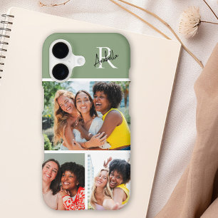Monogram 3 Photo Modern Script Sage Green iPhone 17 Case