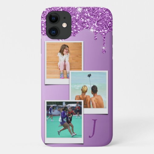 Monogram 3 Photo Template Purple Glitter Drip iPhone 11 Case