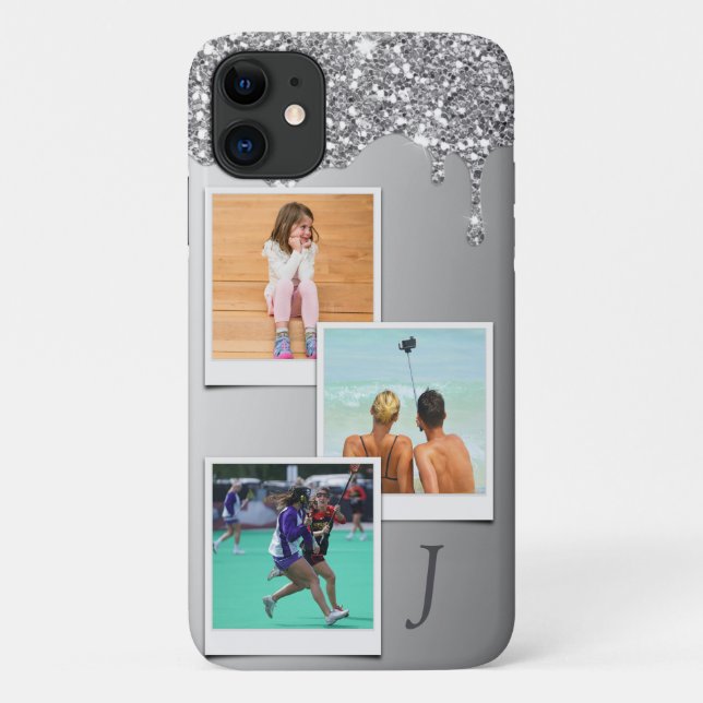 Monogram 3 Photo Template Silver Glitter Drip Case-Mate iPhone Case (Back)