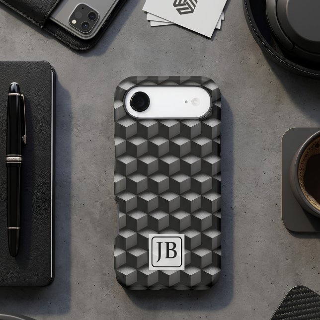 Monogram, 3D Black Geometric Pattern, Modern iPhone Case (Creator Uploaded)
