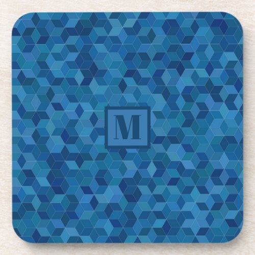 Monogram 3D Blue Cube Pattern Beverage Coaster