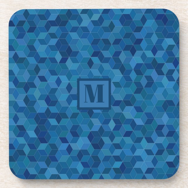 Monogram 3D Blue Cube Pattern Beverage Coaster (Front)