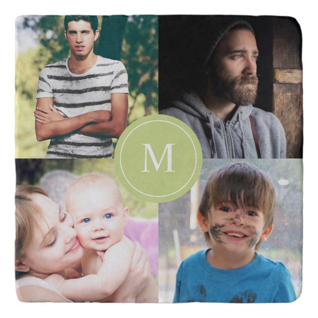 Monogram 4 photo collage family Green Modern Trivet (Front)