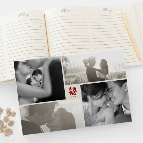 Monogram 4 Photo Collage Modern Chinese Wedding Guest Book
