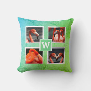 Monogram 4 Photo Template Modern Blue Throw Pillow