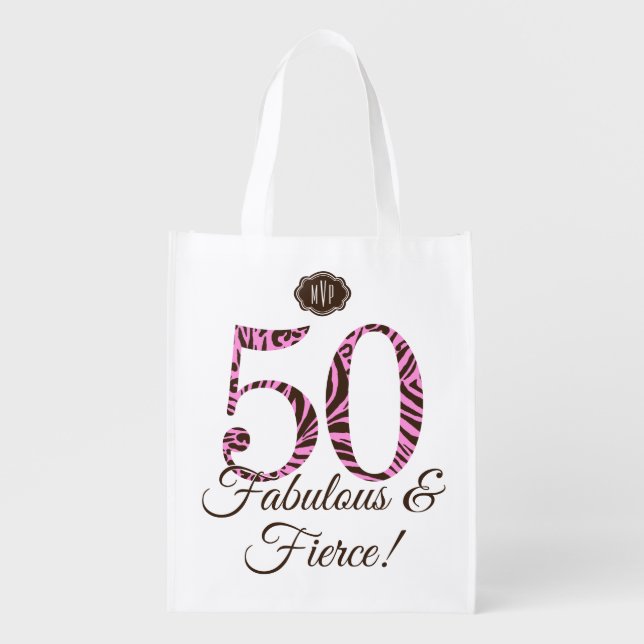 Monogram 50th Birthday Fabulous & Fierce Swag Grocery Bag (Front)