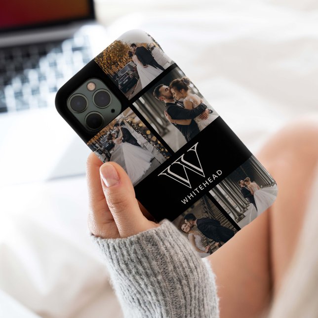 Monogram 5 Square Photo Collage Iphone Case (Monogram photo collage modern simplistic design fill spots with wedding, family or pet photos.)